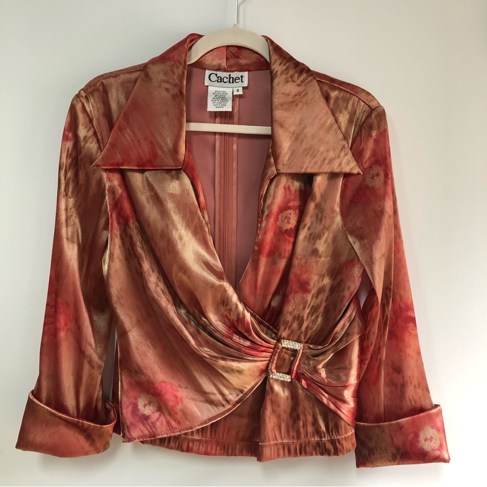 Cachet vintage 90’s Y2K satin orange multi print faux wrap top size 8 EUC
